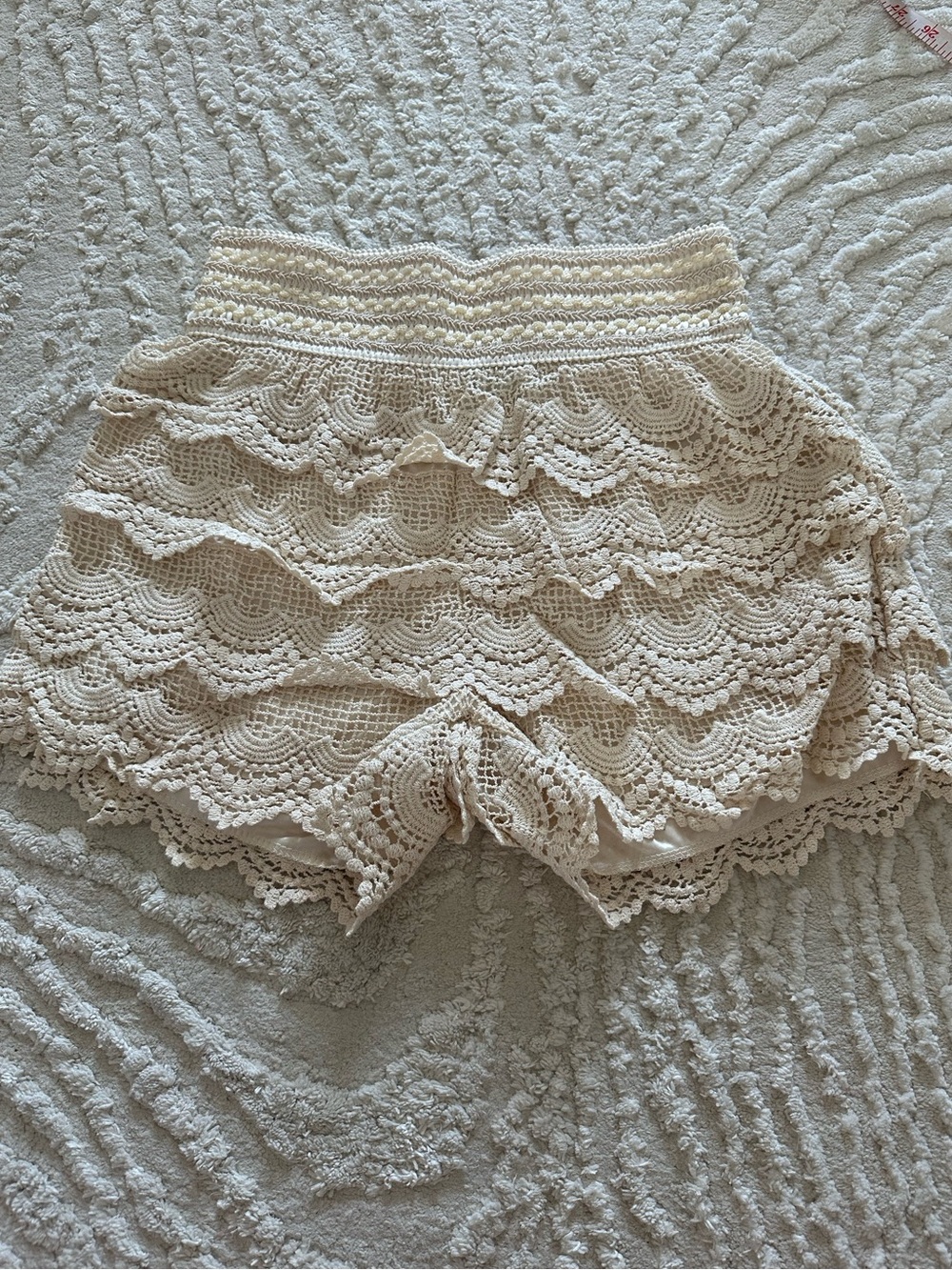 High-Waist Cream Crochet Lace Shorts with Ruffle Layers